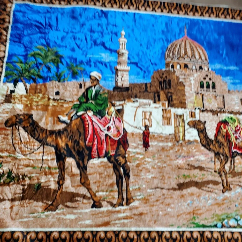 Vintage Camel Caravan Tapestry  68 X 48 Wall Hanging Mosque Desert Scene Velvet‎